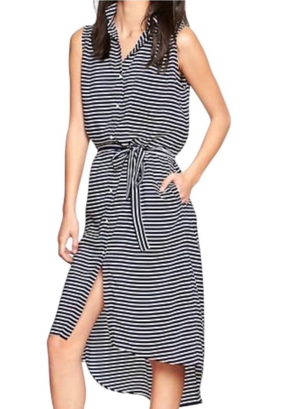 GAP Navy & White Striped Sleeveless High-Low Tie-Waist Dress small